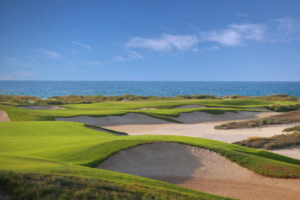 Mer et green sur le golf Saadiyat beach aux Emirats Arabes Unis